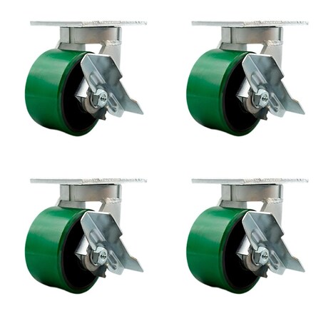 Service Caster 6'' Heavy Duty Green Poly on Cast Iron Caster Set 4 Brakes 2 Swivel Locks, 4PK CRAN-KP92S630-PUR-GB-SLB-BSL-2-SLB-2